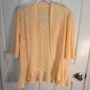 Pale Yellow Eyelet Open Lightweight Cardigan with Ruffle Bottom